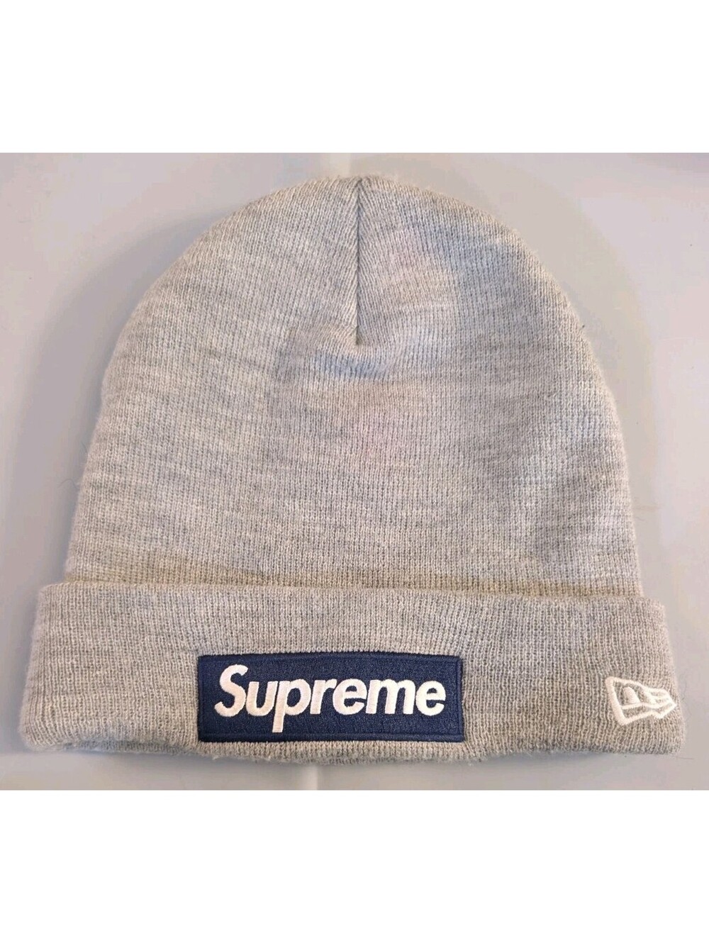Supreme New Era Box Logo Beanie Heather Grey Navy FW25 World Famous Cuffed Hat